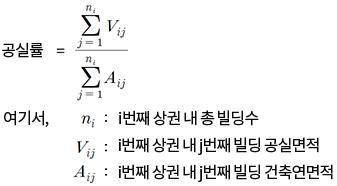 상권별 공실률 산식이미지: 공실률 = 위첨자:n(아래첨자:i)∑아래첨자:j=1 V아래첨자:ij / 위첨자:n(아래첨자:i)∑아래첨자:j=1 A아래첨자:ij여기서, n아래첨자:i- i번째 상권 내 총 빌딩수, V아래첨자:ij- i번째 상권 내 j번째 빌딩 공실면적, A아래첨자:ij- i번째 상권 내 j번째 빌딩 건축연면적