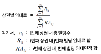 상권별 임대료 산식이미지: 상권별 임대료 = 위첨자:n(아래첨자:i)∑아래첨자:j=1 R아래첨자:ij / 위첨자:n(아래첨자:i)∑아래첨자:j=1 A아래첨자:ij여기서, n아래첨자:i- i번째 상권 내 총 빌딩수, R아래첨자:ij- i번째 상권 내 j번째 빌딩 임대료 합, RA아래첨자:ij- i번째 상권 내 j번째 빌딩 임대면적 합