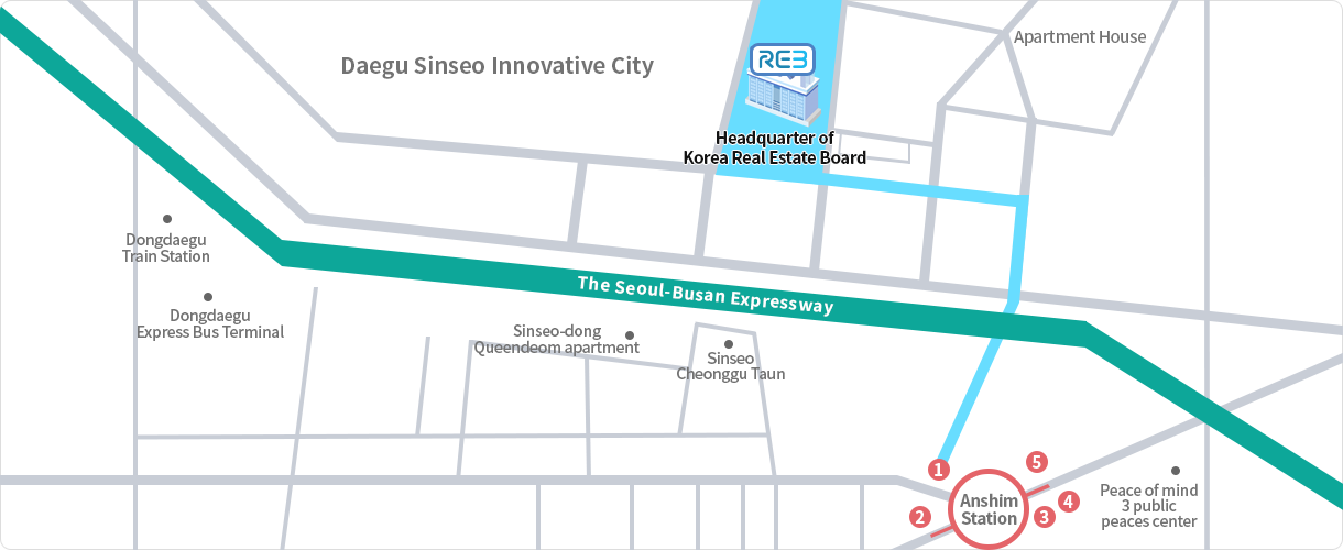 Daegu Sinseo Innovative City Headquarter of Korea Real Estate Board Apartment House Dongdaegu Train Station Dongdaegu Express Bus Terminal The Seoul-Busan Expressway Sinseo-dong Queendeom apartment Sinseo Cheonggu Taun Anshim Station Peace of mind 3 public peaces center