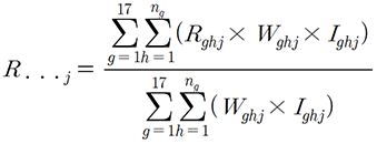 R...j = (Σg=1^17 Σh=1^nq (Rghj × Wghj × Ighj)) / (Σg=1^17 Σh=1^nq (Wghj × Ighj))